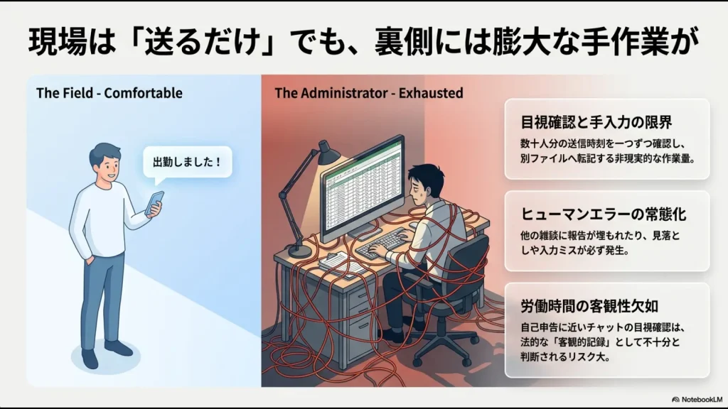 パソコンの画面に向かって、赤いコードで体に縛り付けられながら疲弊している管理者のイラスト。目視確認と手入力の限界、ヒューマンエラーの常態化、労働時間の客観性欠如を解説するスライド。