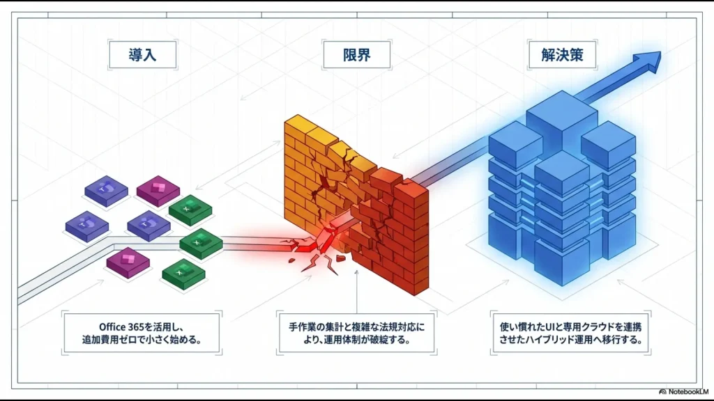 Office 365を活用した勤怠管理の流れを示す図。追加費用ゼロの導入から、手作業による運用の限界、専用クラウドとのハイブリッド解決策への変遷。