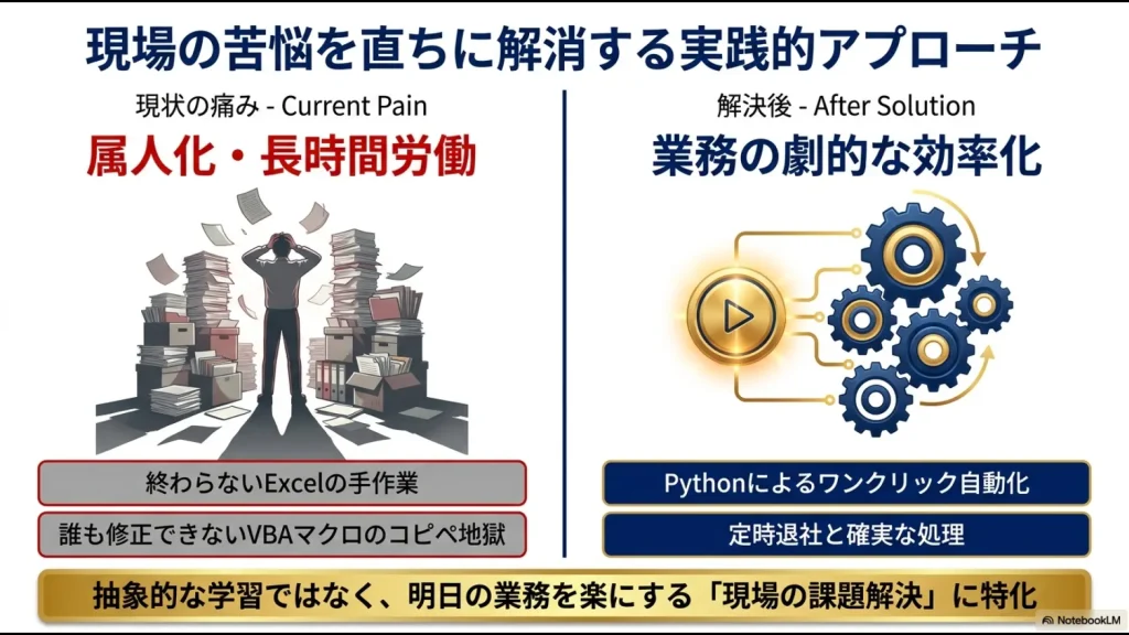現場の苦悩を解消するアプローチを示すスライド。現状の痛みとして属人化・長時間労働、終わらないExcelの手作業、VBAマクロのコピペ地獄を挙げ、解決後として業務の劇的な効率化、Pythonによるワンクリック自動化、定時退社を提示。明日の業務を楽にする課題解決に特化している旨を解説。