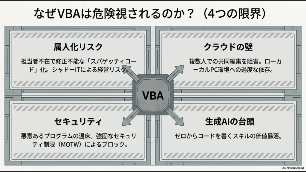 属人化、クラウドの壁、セキュリティ、生成AIの台頭というVBAの4つの限界を説明したスライド