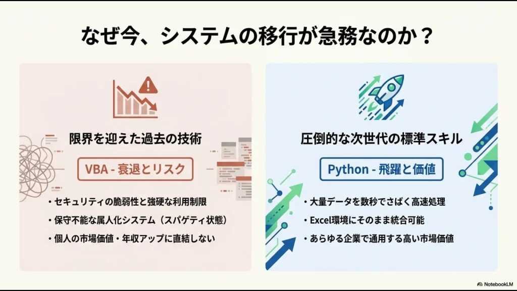 VBAのリスク（セキュリティ脆弱性、属人化、市場価値の伸び悩み）とPythonのメリット（大量データ高速処理、Excel統合、高い市場価値）を対比した画像