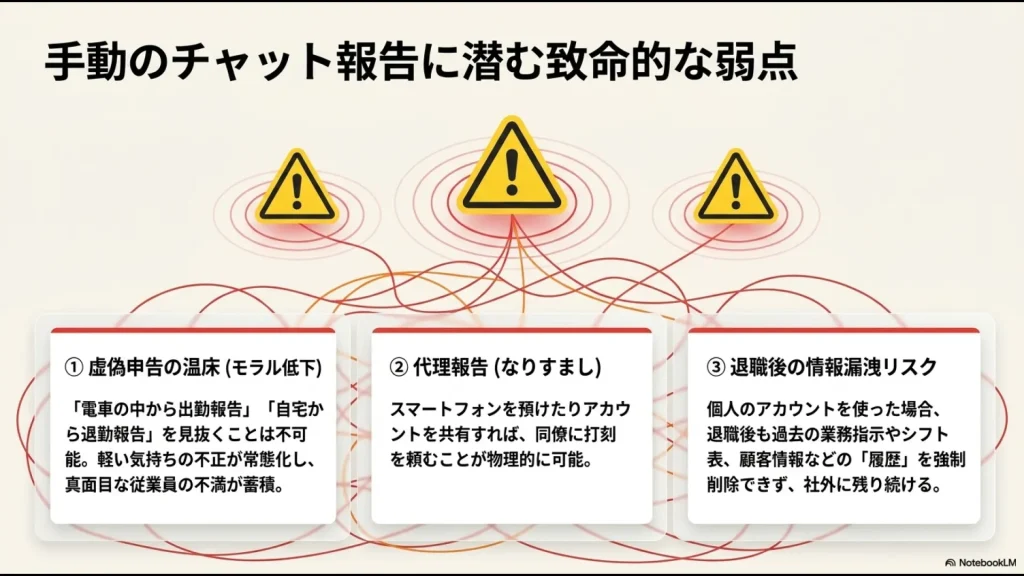 手動のチャット報告に潜む3つの致命的な弱点（虚偽申告の温床、代理報告、退職後の情報漏洩リスク）をまとめたスライド。
