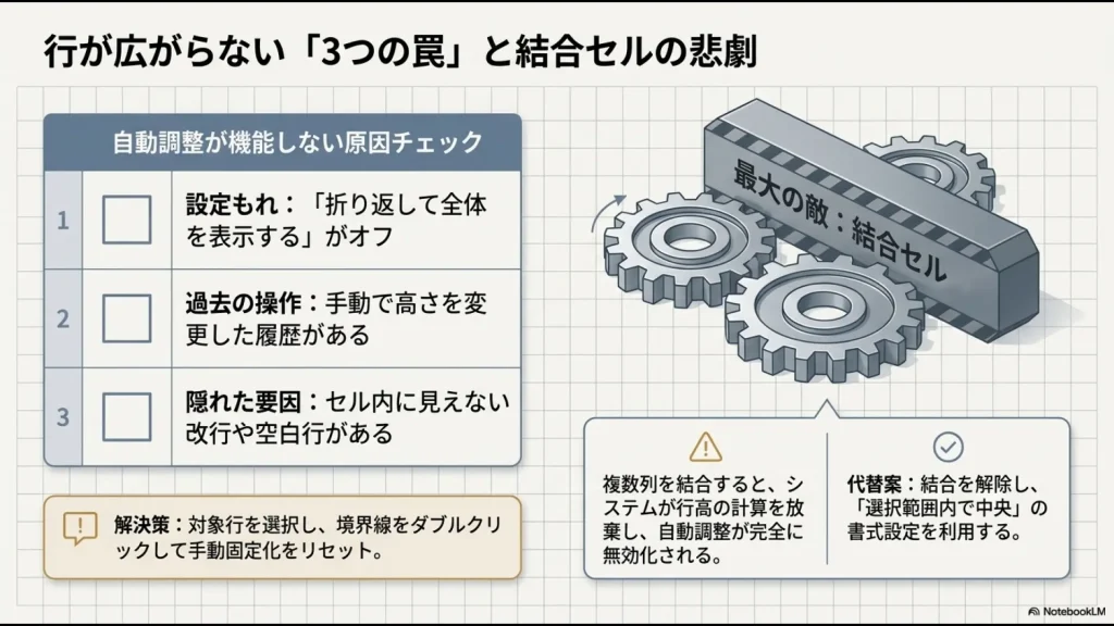 折り返し設定オフ・手動変更履歴・見えない改行という自動調整が機能しない3つの原因と、結合セルによる行高計算放棄の解決策