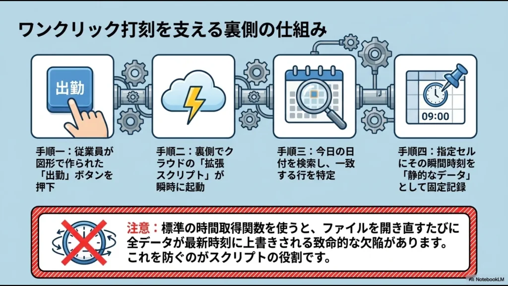 従業員がボタンを押してから、拡張スクリプトが起動し、今日の日付の行を特定して静的なデータとして時刻を固定記録するまでの4つの手順を説明したスライド