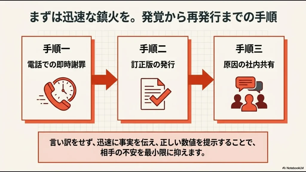 請求書ミス発覚後の手順として、手順一「電話での即時謝罪」、手順二「訂正版の発行」、手順三「原因の社内共有」を段階的に示したフロー図
