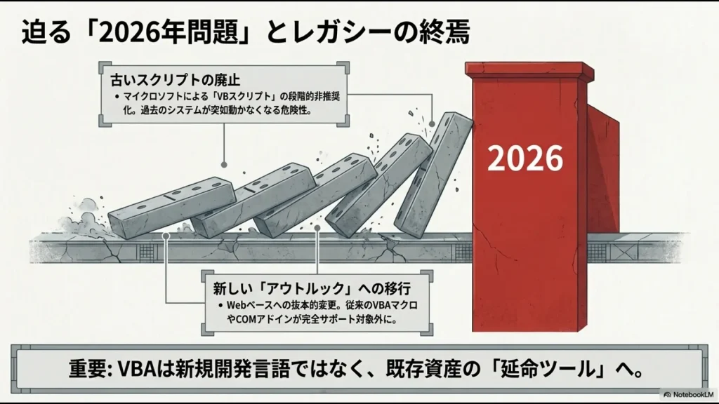 VBScriptの廃止と新しいOutlook移行によるVBAサポート終了を説明した2026年問題のスライド