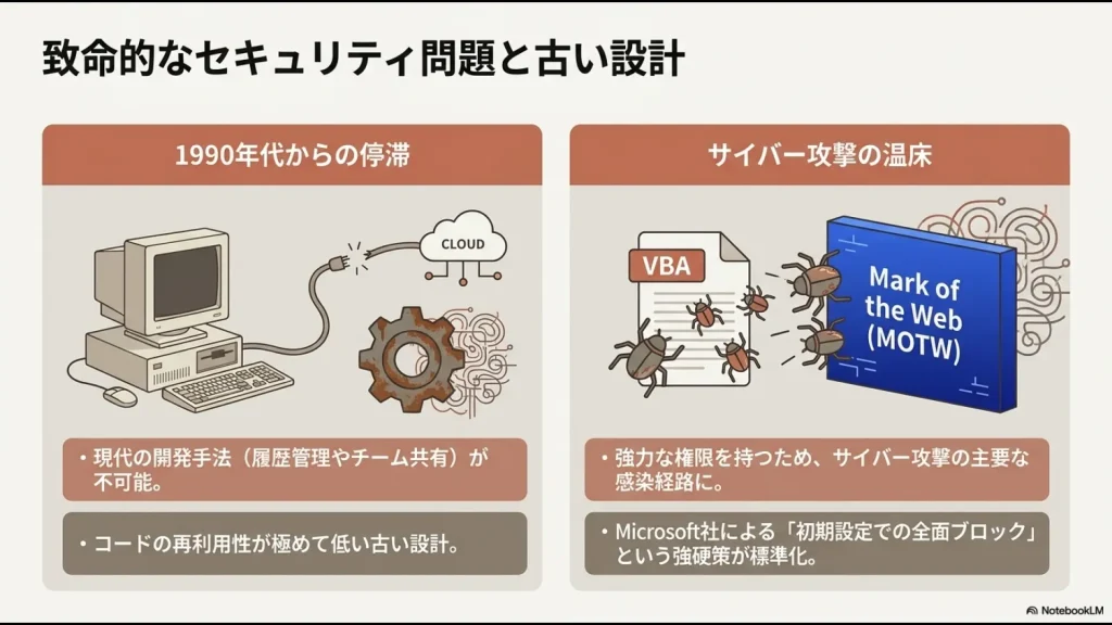 1990年代からの古い設計のPCと、VBAマクロがサイバー攻撃の温床となり、MicrosoftによってMark of the Web（MOTW）で初期設定ブロックされる様子を描いた図