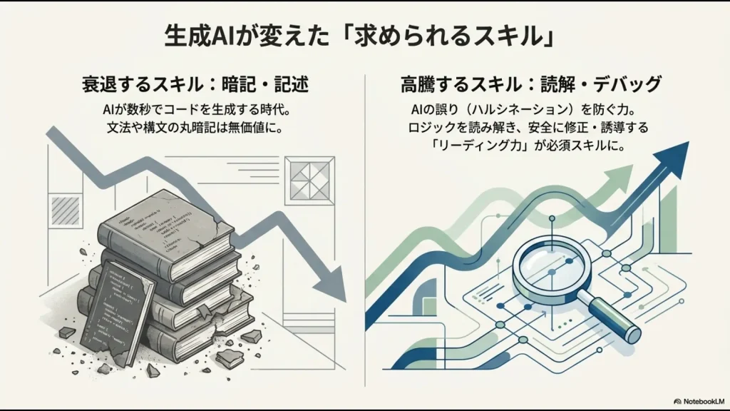 衰退する暗記・記述スキルと、高騰する読解・デバッグのリーディング力を対比したスライド
