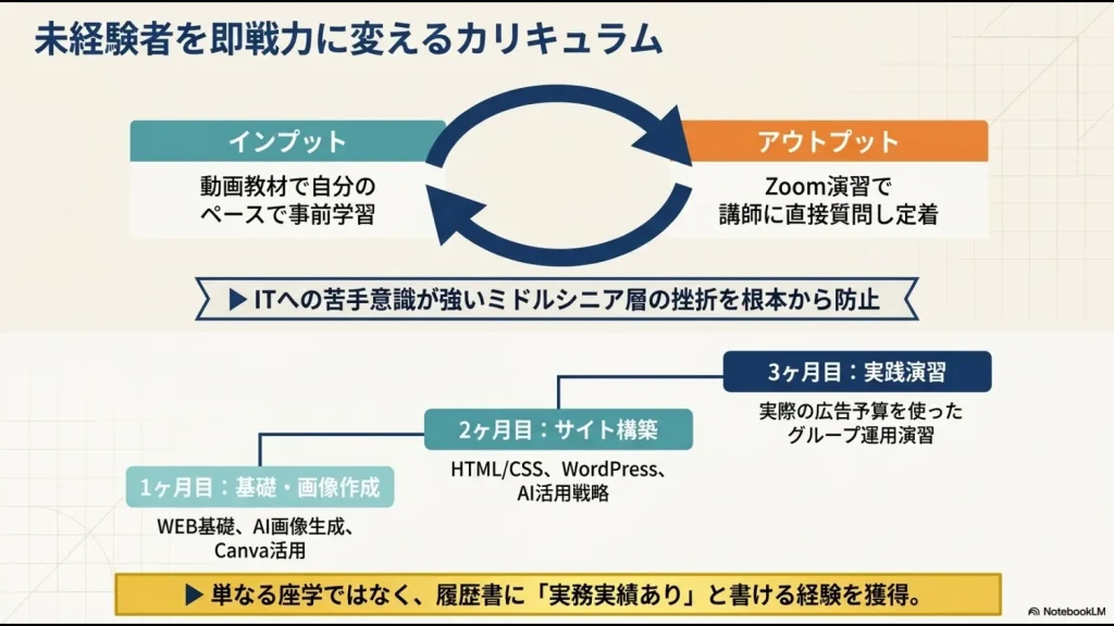 動画教材での事前インプットとZoom演習のアウトプットによる反転学習サイクル、および基礎・サイト構築・実際の広告予算を使った実践演習までの3ヶ月のフローを示したスライド