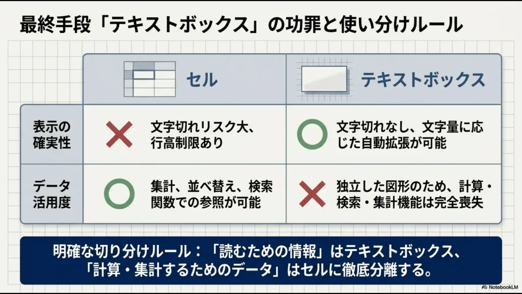 エクセルのセルとテキストボックスの文字切れリスクや検索・集計機能の有無を比較し、読む情報と計算データを明確に切り分けるルールの表