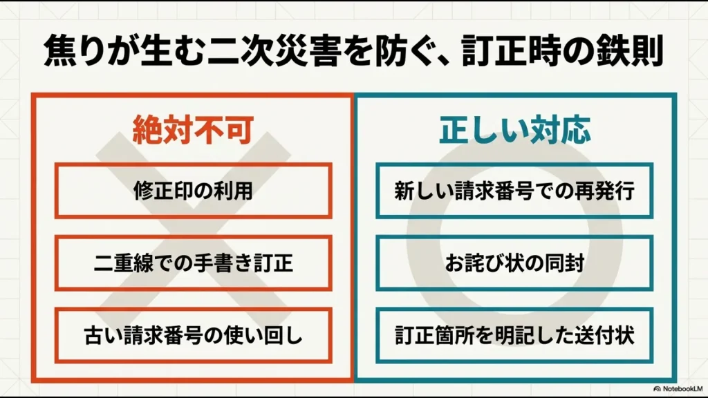 請求書訂正時の鉄則。絶対不可として修正印の利用、二重線での手書き訂正、古い請求番号の使い回し。正しい対応として新しい請求番号(枝番)での再発行、お詫び状の同封、訂正箇所を明記した送付状を並べた比較図