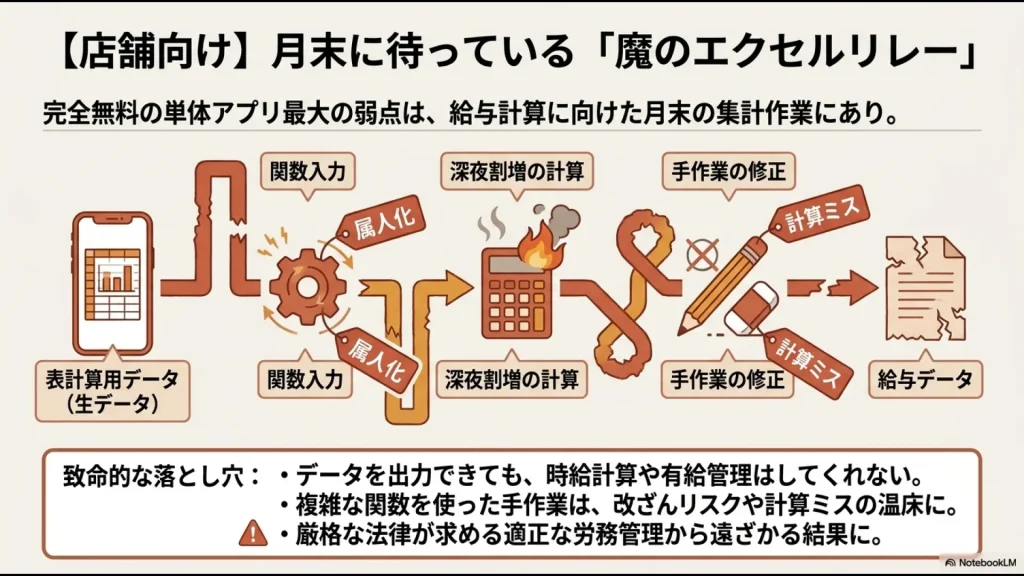 無料の単体勤怠アプリから出力した生データに関数入力や深夜割増計算、手作業の修正を挟むことで計算ミスや属人化を招く魔のエクセルリレーの図解スライド画像。