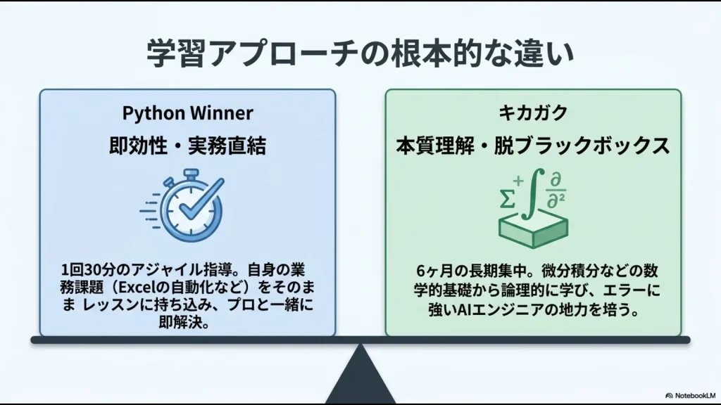 Python Winnerの即効性・実務直結スタイル(1回30分)とキカガクの本質理解・脱ブラックボックススタイル(6ヶ月)の違いを比較したスライド。