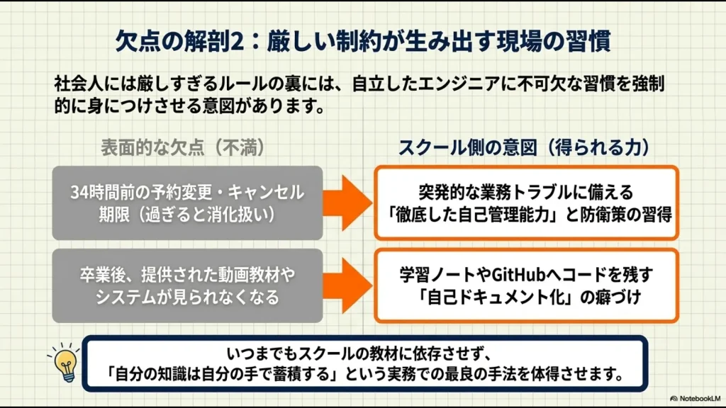 34時間前の予約変更キャンセル期限や卒業後の教材アクセス制限という表面的な欠点が、徹底した自己管理能力や自己ドキュメント化の癖づけにつながる仕組みを解説した表。