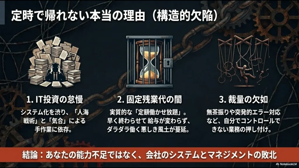 定時で帰れない3つの構造的欠陥（IT投資の怠慢、固定残業代による定額働かせ放題、無茶振りなどによる裁量の欠如）をまとめた図。結論として個人の能力不足ではなく会社のシステムとマネジメントの敗北であることを示す。