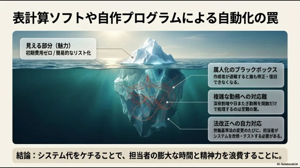 表計算ソフトや自作プログラムによる自動化の罠。見える部分の魅力（初期費用ゼロ）に対し、属人化のブラックボックス、複雑な勤務への対応難、法改正への自力対応といった見えないリスクを天秤にかけたイラストのスライド。