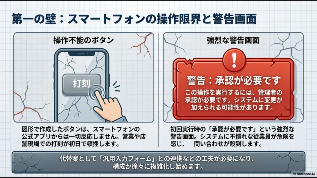 スマホの公式アプリからは図形ボタンが反応しない「操作不能のボタン」の課題と、初回実行時に表示される「承認が必要です」という強烈な警告画面の2つの壁を解説したスライド
