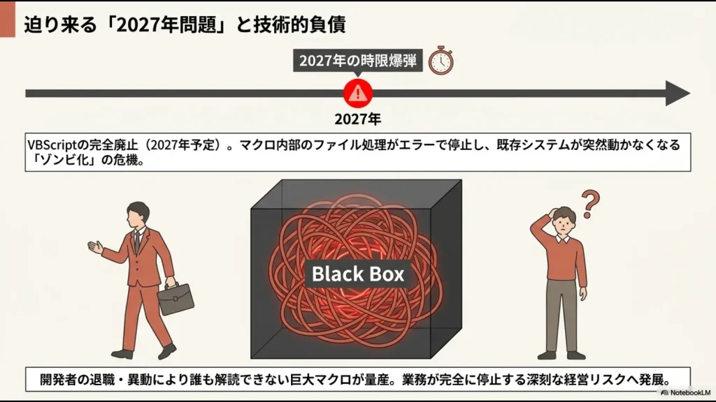 2027年予定のVBScript完全廃止によるマクロのエラー停止（ゾンビ化）と、開発者の退職・異動により誰も解読できない巨大マクロがブラックボックス化する経営リスクを解説した図