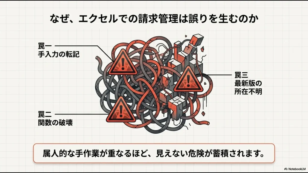 エクセルでの請求書管理に潜む、罠一「手入力の転記」、罠二「関数の破壊」、罠三「最新版の所在不明」という3つの危険性を可視化したイラスト