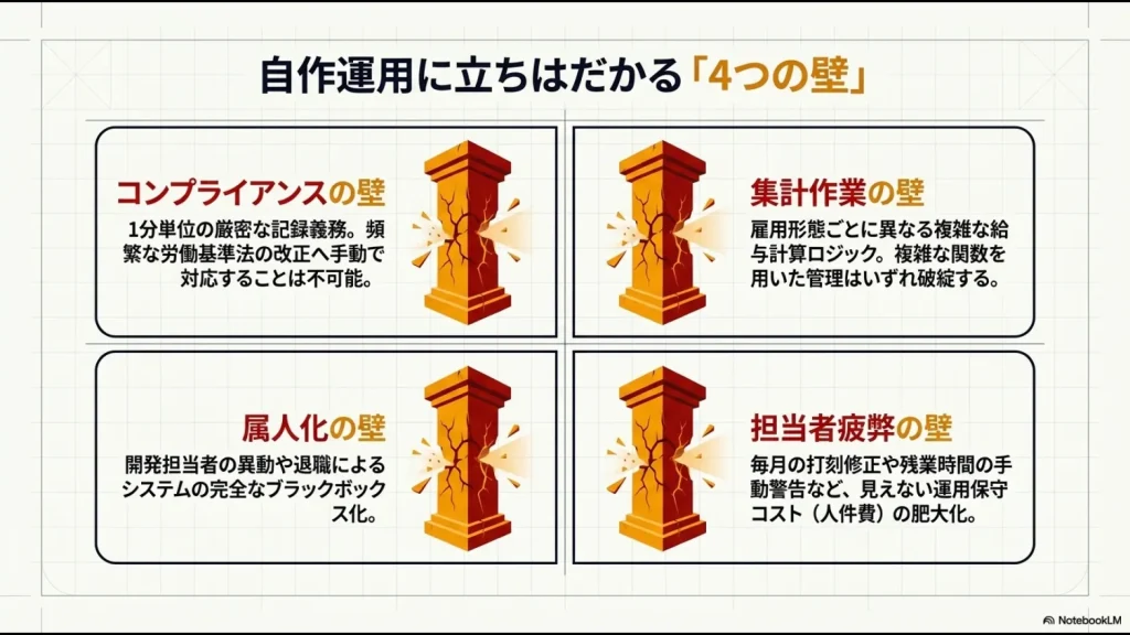 自作運用が直面する、コンプライアンス、集計作業、属人化、担当者疲弊という4つの壁(限界)を描いたスライド資料。