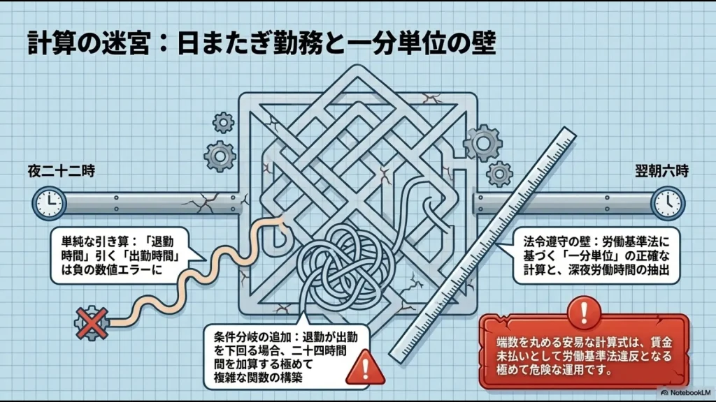 退勤が出勤を下回る場合に24時間を加算する複雑な条件分岐の構築や、労働基準法に基づく1分単位の正確な計算、深夜労働時間の抽出など、計算の迷宮を表現した図解スライド