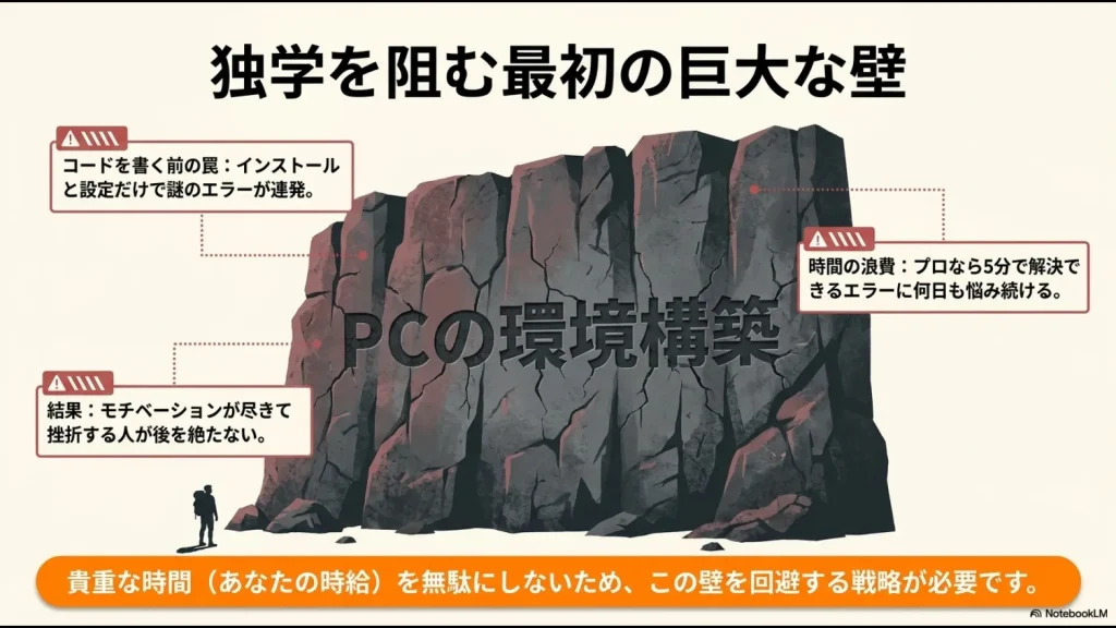 インストールと設定での謎のエラー連発による時間の浪費とモチベーション低下、独学での挫折原因を説明するイメージ図