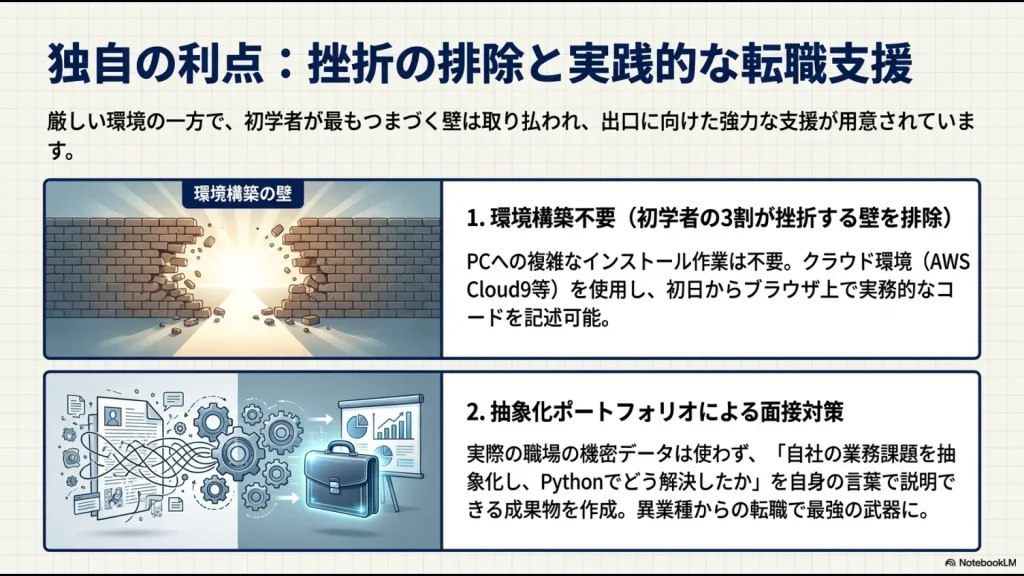 AWS Cloud9を使用した初学者の挫折排除と、職場の業務課題を抽象化したポートフォリオが異業種からの転職で最強の武器になるイメージ図。
