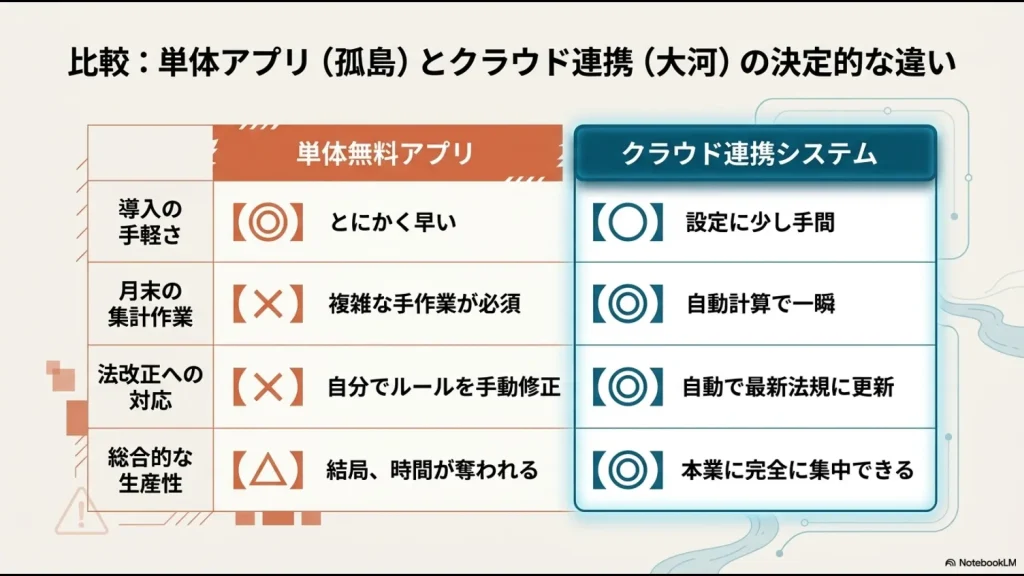 導入の手軽さ、月末の集計作業、法改正への対応、総合的な生産性を軸に、単体無料アプリとクラウド連携システムの違いを比較した表のスライド画像。