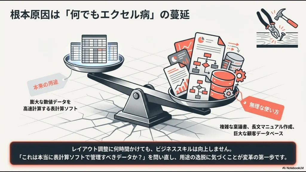 膨大な数値データを高速計算する本来の用途と、稟議書や巨大データベースに無理にエクセルを使う「何でもエクセル病」の蔓延を風刺した天秤のイラスト