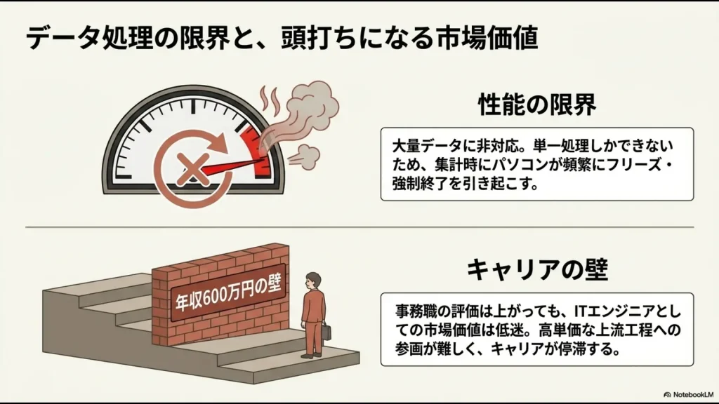VBAが大量データ非対応で集計時にフリーズする性能の限界と、事務職としての評価に留まりITエンジニアとしての市場価値が年収600万円の壁で頭打ちになるキャリアの壁を表現した図
