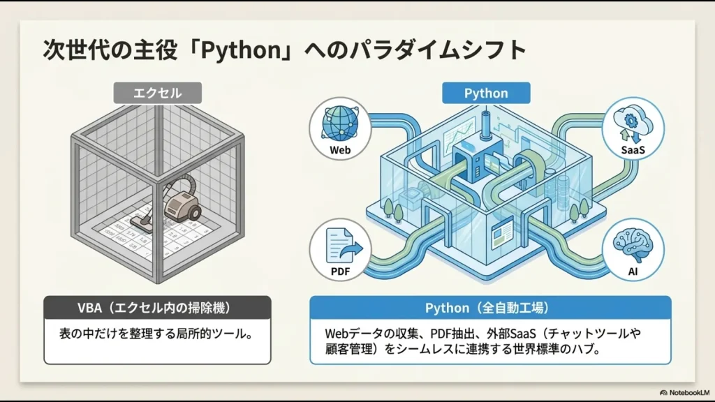 局所的な掃除機としてのVBAと、Web・PDF・SaaS・AIを繋ぐ全自動工場としてのPythonの対比図