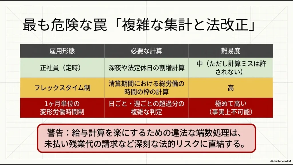 正社員、フレックスタイム制、変形労働時間制の集計難易度一覧と、給与計算を楽にするための違法な端数処理(丸め)に潜む法的リスクの警告。