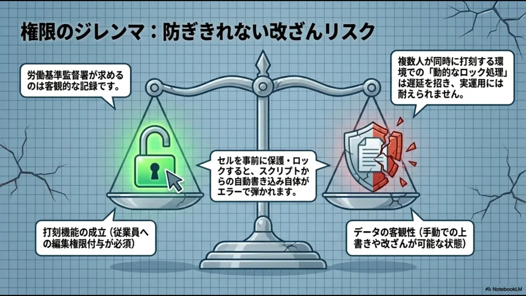 従業員への編集権限付与（打刻機能の成立）と、手動での上書きや改ざんが可能な状態（データの客観性の喪失）が天秤にかけられた、シート保護では防げないリスクを説明するスライド
