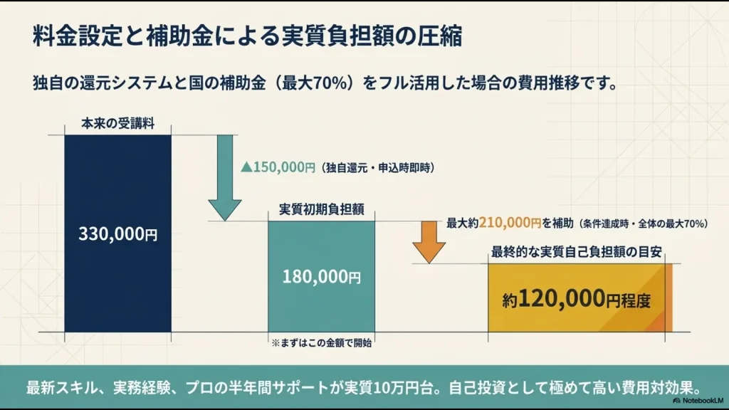 本来の受講料330,000円から、申込時即時の独自還元150,000円により実質初期負担額が180,000円となり、さらに国の補助金最大約210,000円を補助(全体の最大70%)されることで最終的な実質自己負担額の目安が約120,000円程度になることを示した費用推移グラフのスライド
