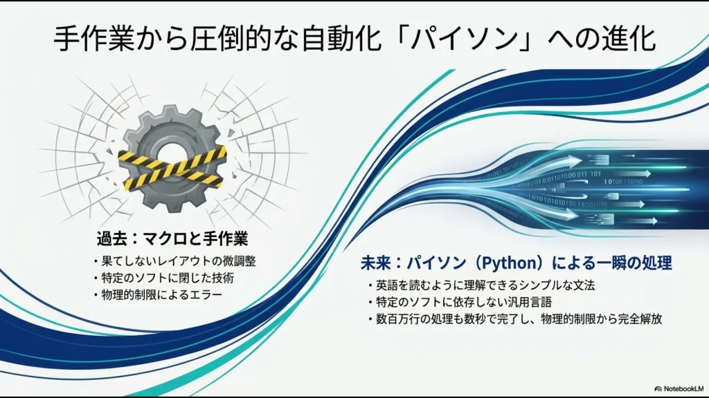 果てしないレイアウト微調整や物理的制限があるマクロ・手作業の過去から、シンプルな文法で数百万行を数秒で処理できるPython(未来)への進化の対比図
