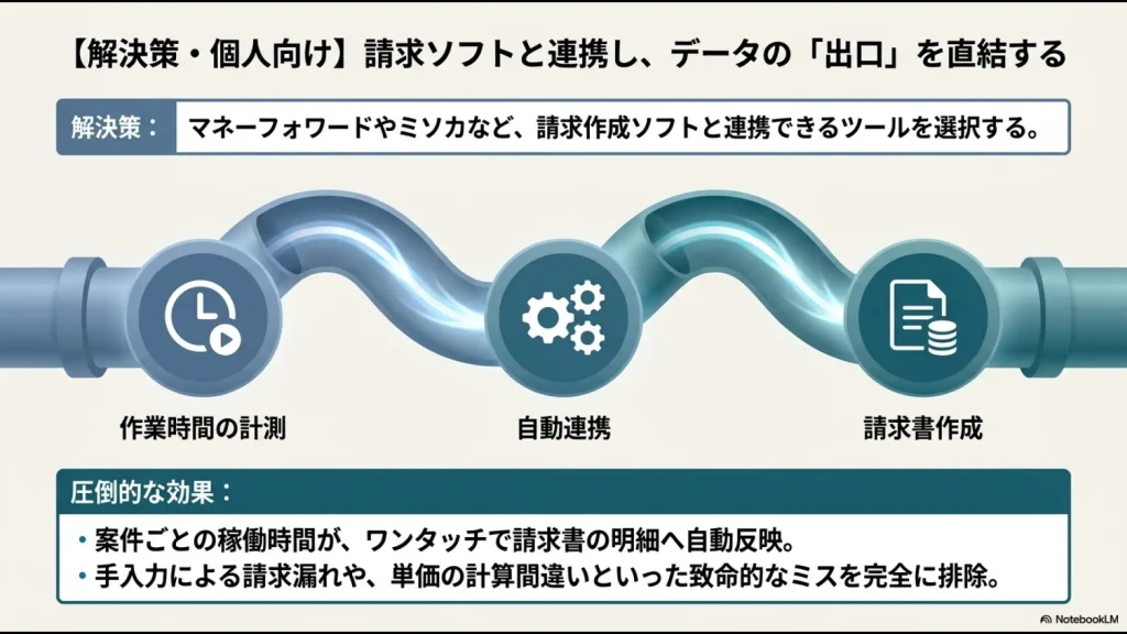 作業時間の計測から自動連携を経て請求書作成へデータを直結させ、請求漏れや単価の計算間違いを完全に排除する流れを示すスライド画像。