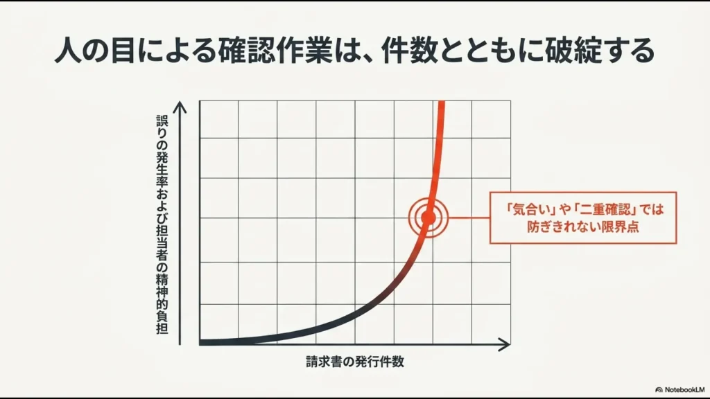 請求書の発行件数が増えるにつれて、誤りの発生率および担当者の精神的負担が指数関数的に急上昇し、「気合い」や「二重確認」では防ぎきれなくなる限界点を示したグラフ図