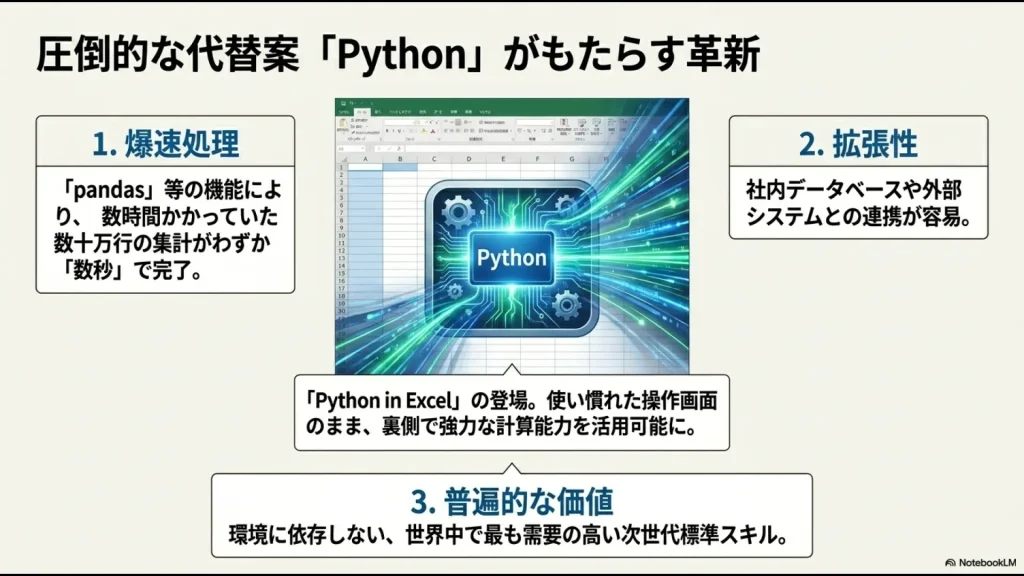 Excelの操作画面にPythonが組み込まれ、pandas等による爆速処理、社内データベースや外部システムとの容易な連携、普遍的な価値をもたらす次世代標準スキルを説明したイメージ図