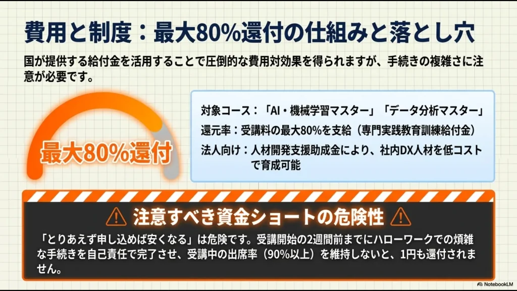 AI・機械学習マスター、データ分析マスターの最大80%還付や人材開発支援助成金のメリットと、ハローワーク手続きの期限や出席率90%以上維持の注意点をまとめたスライド。