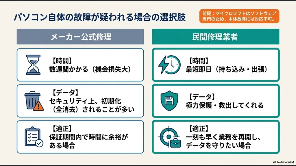 パソコン本体が故障した際の「メーカー公式修理」と「民間修理業者」の、時間・データ保護・適正に関する比較表