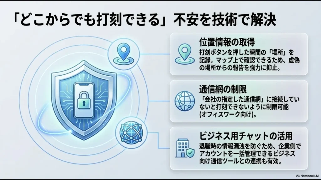 位置情報の取得による虚偽報告の抑止、特定の通信網（Wi-Fi）制限、退職時の情報漏洩を防ぐビジネス用チャットの活用などを解説したスライド。