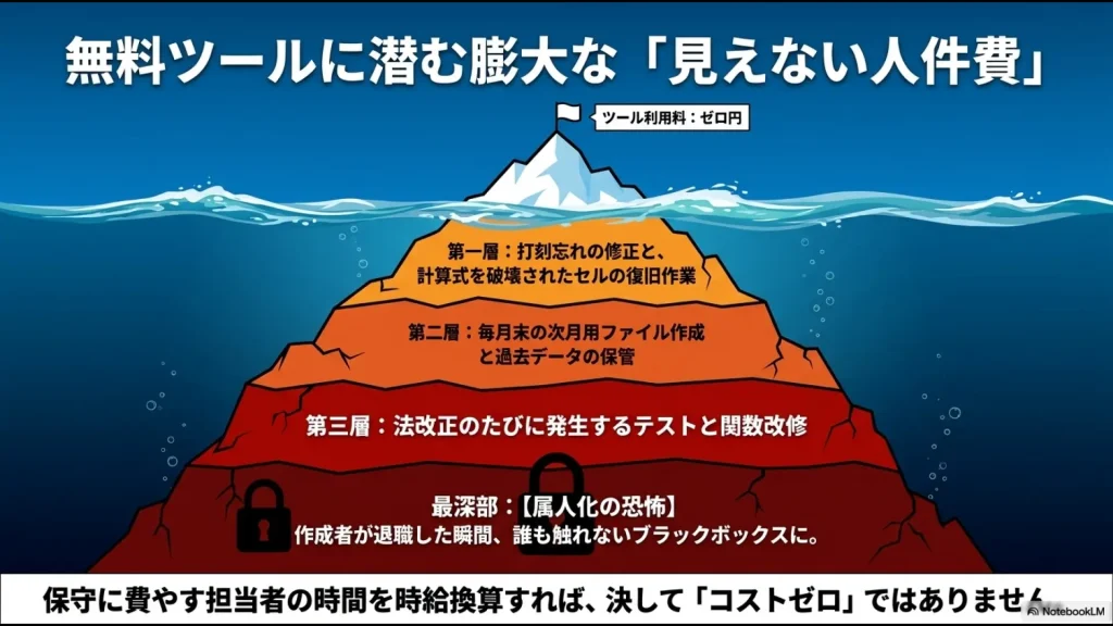 打刻忘れ修正、次月ファイル作成、法改正に伴う関数改修、そして最深部にある「作成者の退職によるブラックボックス化（属人化）」という見えないコストを山に例えたスライド