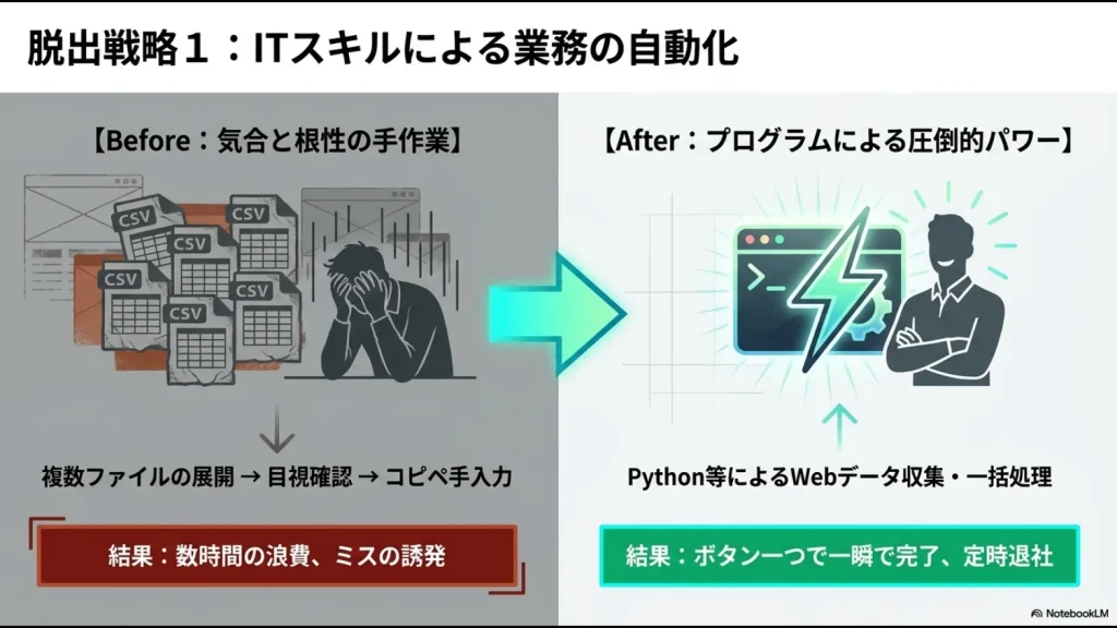 大量のCSVファイルを扱う業務において、複数ファイルの目視確認やコピペ手入力による数時間の浪費（Before）から、PythonによるWebデータ収集・一括処理でボタン一つ一瞬で完了し定時退社できる状態（After）への変化を表した図。