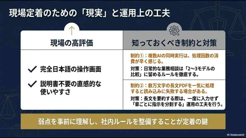 完全日本語の操作画面という高評価と、処理回数消費や長文PDF処理のエラーに対する運用の工夫・対策をまとめたスライド