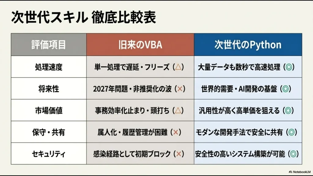 処理速度、将来性、市場価値、保守・共有、セキュリティの5項目において、旧来のVBAと次世代のPythonの優劣を◯や×で比較した詳細なテーブル画像