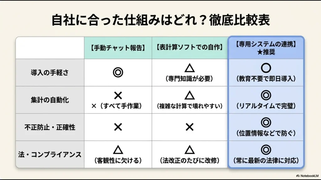 手動チャット報告、表計算ソフトでの自作、専用システムの連携の3つを「導入の手手軽さ」「集計の自動化」「不正防止・正確性」「法・コンプライアンス」の4軸で比較し、専用システムを推奨する表のスライド。