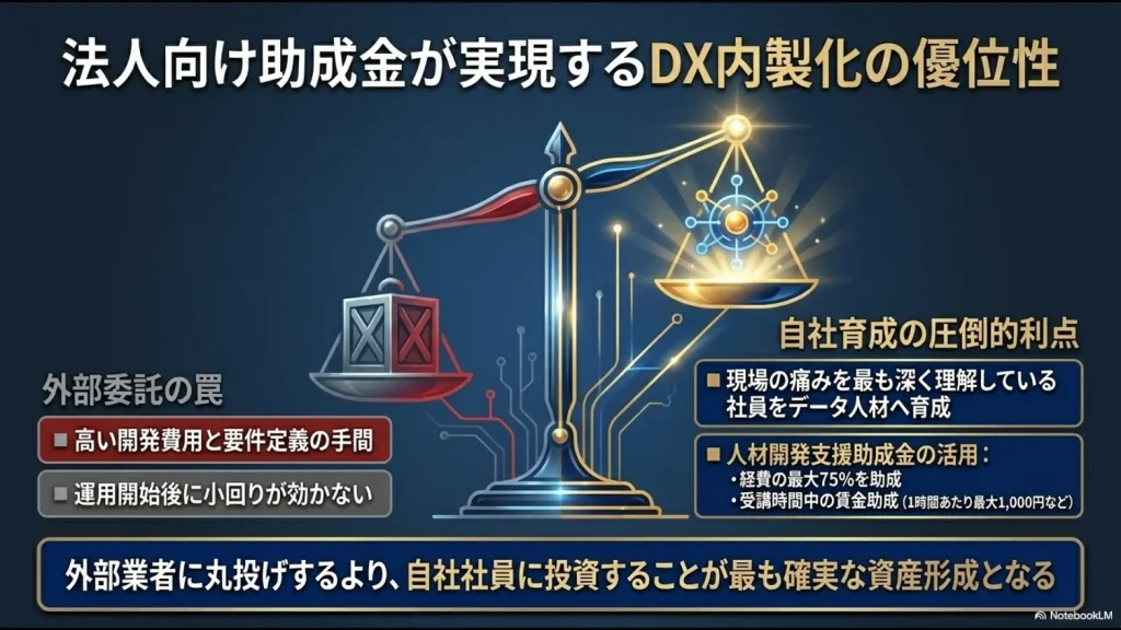 天秤のイラストで外部委託の罠と自社育成の圧倒的利点を比較するスライド。外部委託は高い開発費用と要件定義の手間、運用開始後に小回りが効かない点を指摘。自社育成は現場の痛みを最も深く理解している社員を育成し、人材開発支援助成金の活用(経費最大75%助成、受講時間中の賃金助成)により最も確実な資産形成となることを提示。