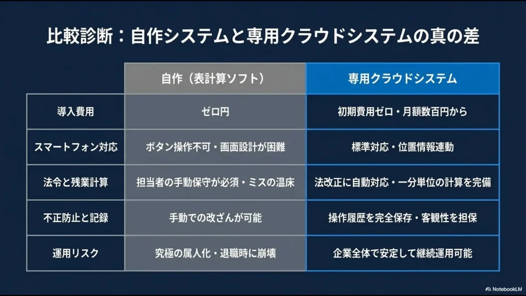 導入費用、スマートフォン対応、法令と残業計算、不正防止と記録、運用リスクの5項目において、表計算ソフトでの自作と専用クラウドシステムの決定的な違いをまとめた比較表スライド