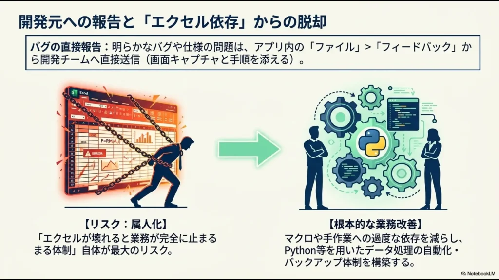 開発チームへのバグ報告方法と、エクセル依存からの脱却に向けた業務自動化の重要性を示した資料