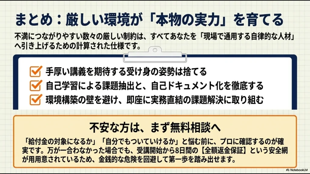 手厚い講義を期待する受け身の姿勢を捨て自己ドキュメント化を徹底すること、および不安な方は8日間の全額返金保証の安全網を利用して無料相談へ行くことを推奨するまとめスライド。